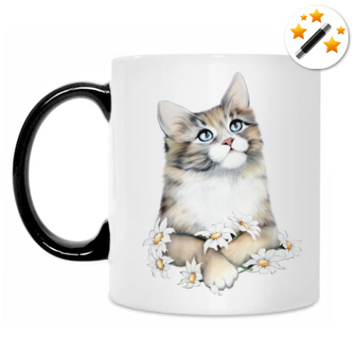 Кружка-хамелеон с принтом Кот в ромашках