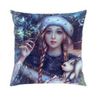 Подушка 35x35 см с цветной обратной стороной Новогодняя Снегурочка с белкой