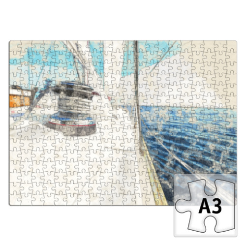 Пазл с принтом Акварельный рисунок яхты в море