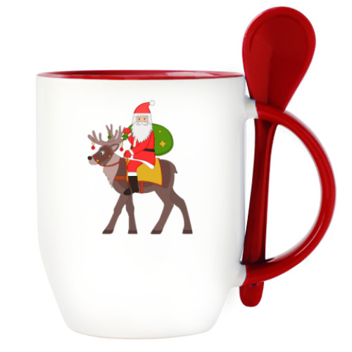 Кружка с ложкой с принтом Дед Мороз и северный олень