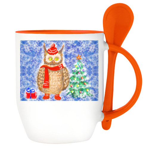 Кружка с ложкой новогодняя сова