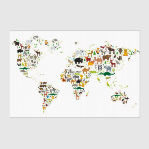 Холст детская карта мира с животными