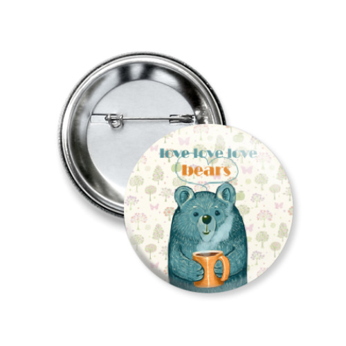 Значок 37мм с принтом Медведь с кружкой