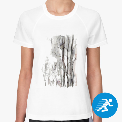 Женская спортивная футболка с принтом Акварельный лес, скетч