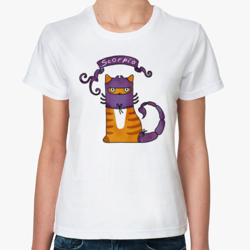 Классическая футболка с принтом Кот Скорпион знак Зодиака
