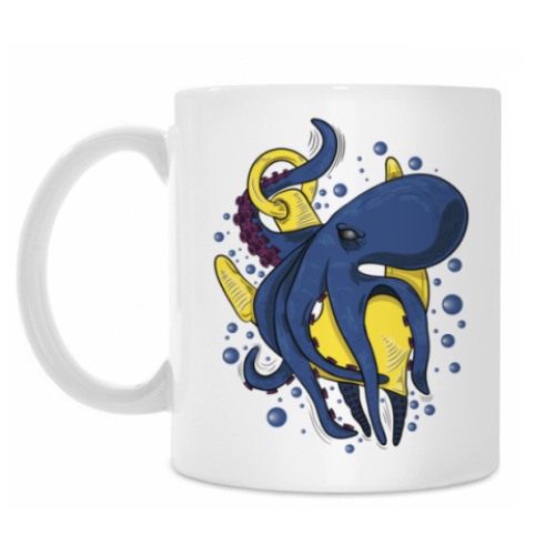 Кружка с принтом Морское чудовище осьминог обвивший якорь под водой