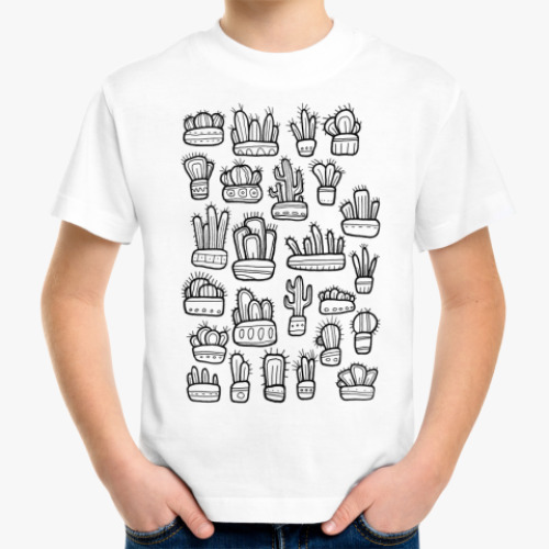 Детская футболка с принтом Коллекция смешных кактусов в горшочках