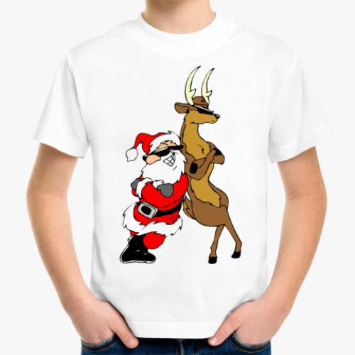 Детская футболка с принтом Санта и Олень