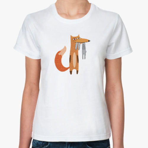 Классическая футболка Смешной рисунок довольной лисы, поймавшей зайца