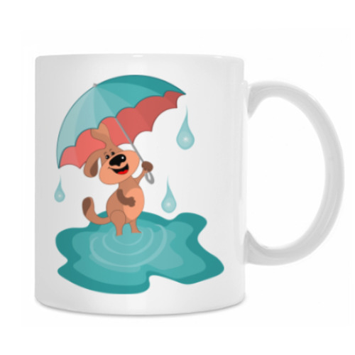 Кружка с принтом Пес с зонтом гуляет радостно по лужам