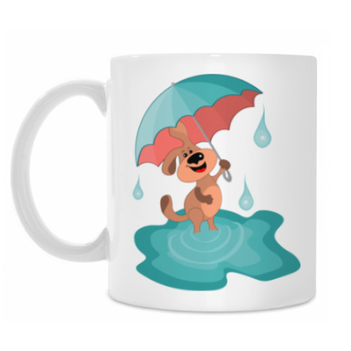 Кружка с принтом Пес с зонтом гуляет радостно по лужам