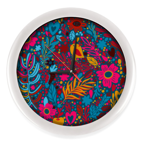 Настенные часы с принтом Летний цветочный узор с птицами и сердечками