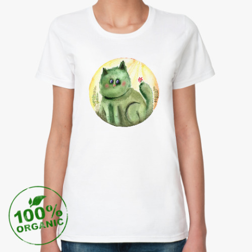 Женская футболка из органик-хлопка Кот Кактус, акварель