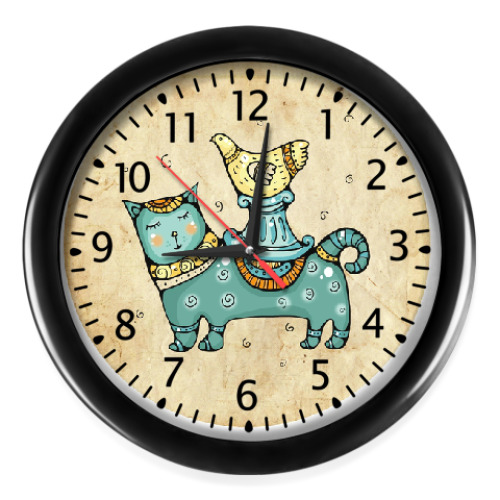 Настенные часы с принтом Кот и птичка