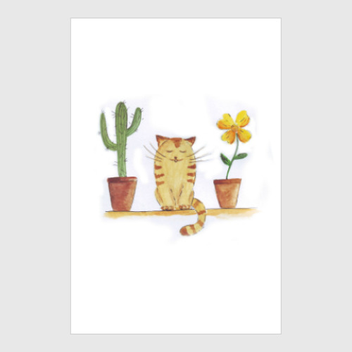 Постер кот и кактус