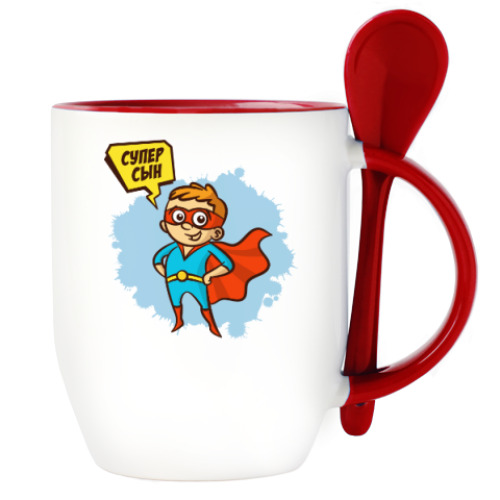 Кружка с ложкой с принтом СУПЕР СЫН