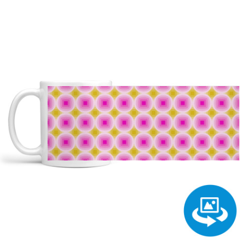 Кружка (круговая запечатка) с принтом Розовый и желтый. Круг и квадрат.