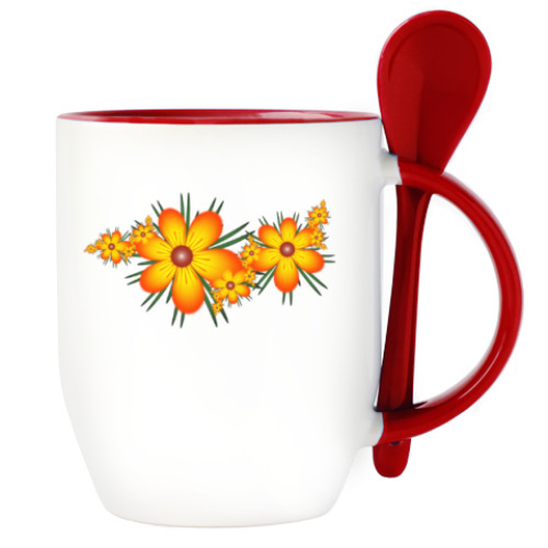 Кружка с ложкой с принтом Огнецветы