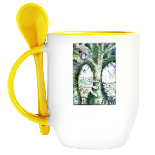 Кружка с ложкой с принтом  Рыбы и дерево