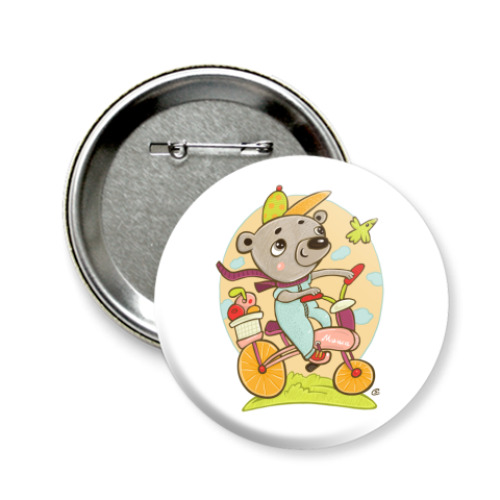 Значок 58мм с принтом  Мишка на велосипеде