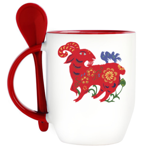 Кружка с ложкой с принтом Баран с цветами и птицами