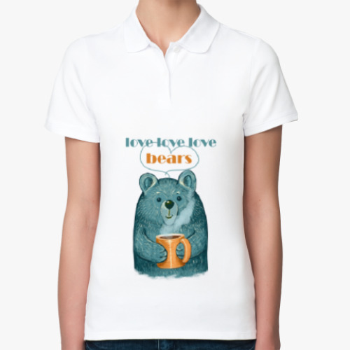 Женская рубашка поло (печать) с принтом Медведь с кружкой