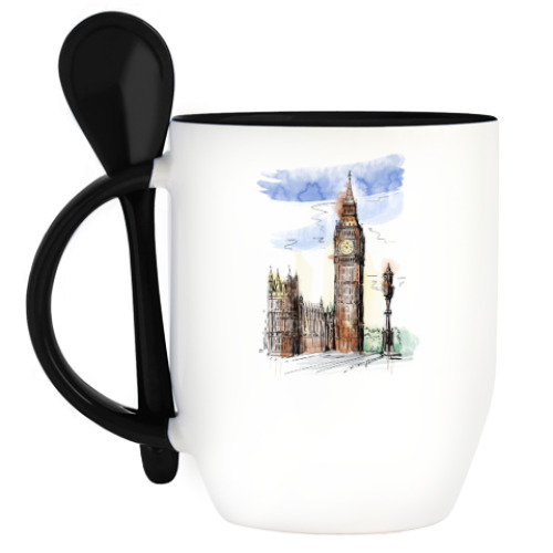 Кружка с ложкой с принтом Биг-Бен -Big Ben-Англия-Лондон