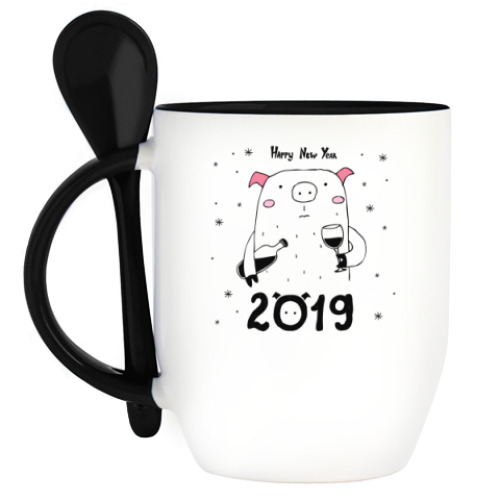 Кружка с ложкой  2019 год свиньи -  Виносвин