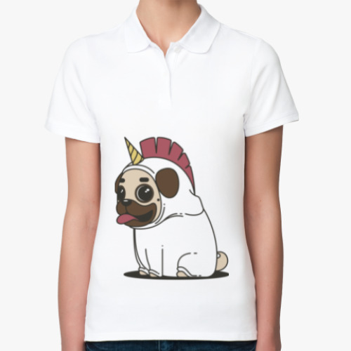 Женская рубашка поло (печать) с принтом Мопс-единорог