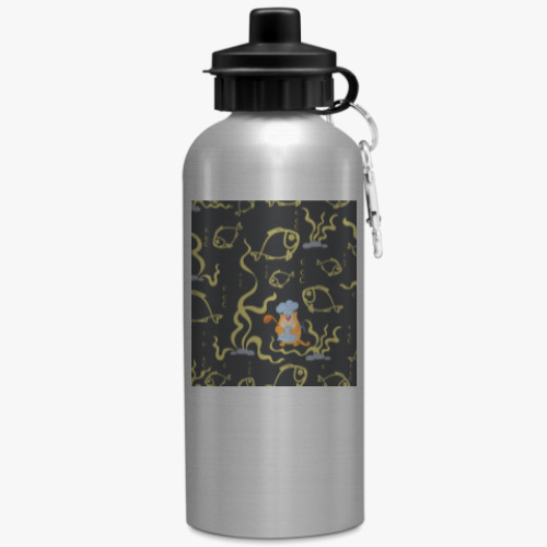 Бутылка с карабином (500 мл) с принтом Кот-повар с ковшом и рыбой