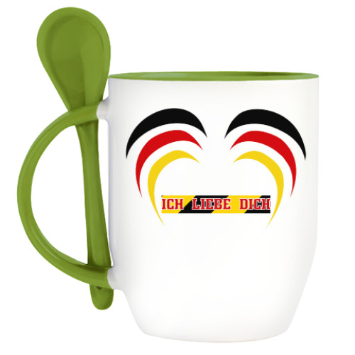 Кружка с ложкой с принтом Я люблю тебя по-немецки