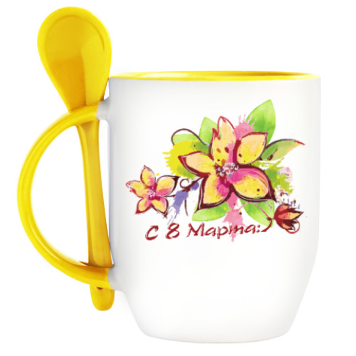 Кружка с ложкой с принтом 8 Марта