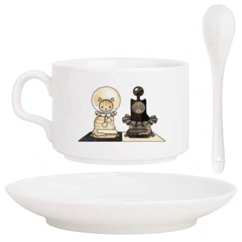 Кофейный набор с принтом Чёрный кот, белая кошка. Шахматы.