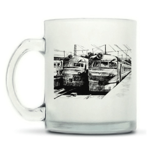 Кружка матовая с принтом Железная дорога. Два поезда.
