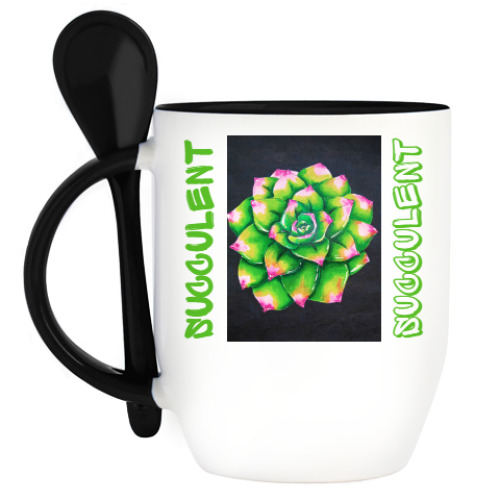 Кружка с ложкой с принтом Неоновый суккулент