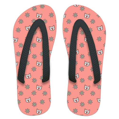 Шлепанцы (сланцы) с принтом Кошки и цветы