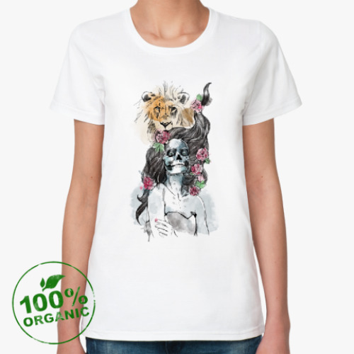 Женская футболка из органик-хлопка с принтом Девушка-Лев-Череп