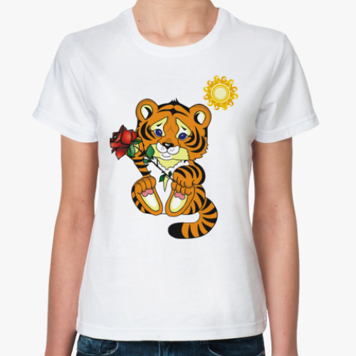 Классическая футболка с принтом  'Тигренок с розой'