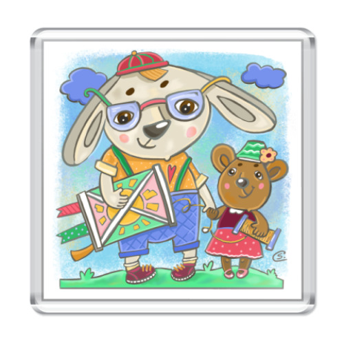 Магнит с принтом Зайчик и мишутка