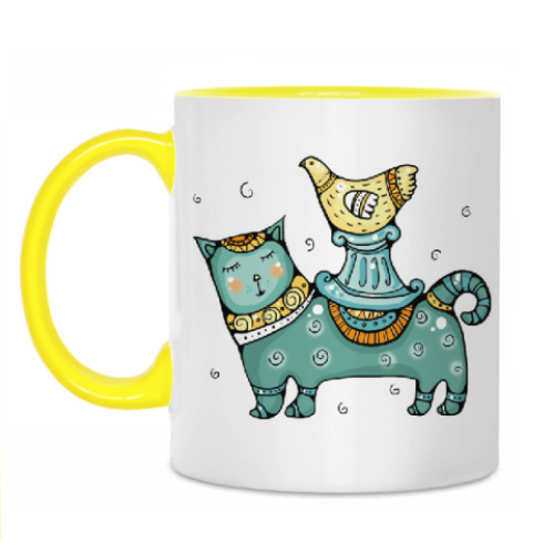 Кружка с принтом Кот и птичка