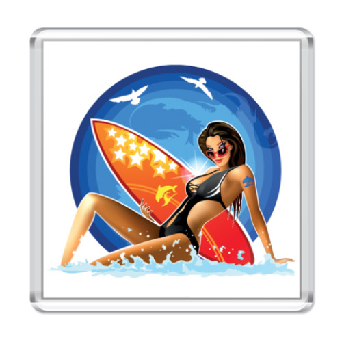 Магнит с принтом Девушка с Серфом