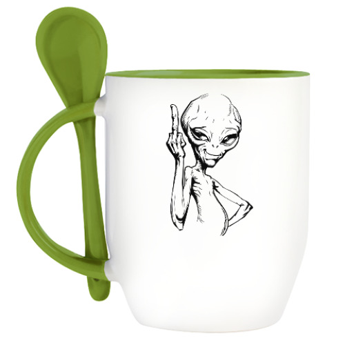 Кружка с ложкой смешной пришелец (funny alien)