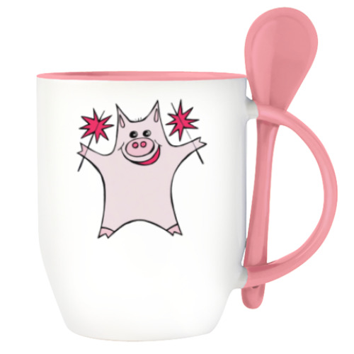 Кружка с ложкой Розовый поросёнок с огнями