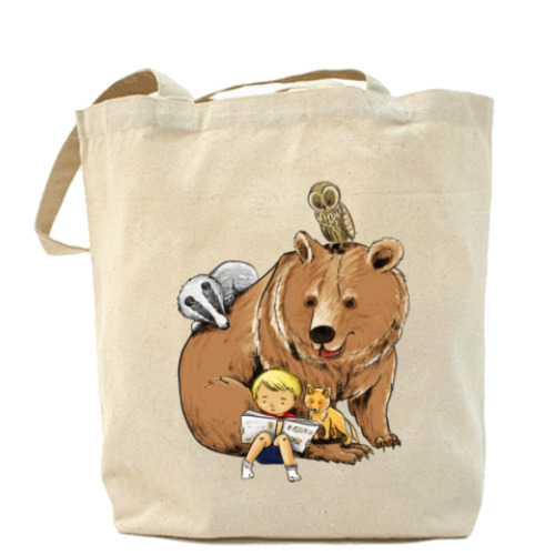 Сумка шоппер с принтом лесные звери и малыш читают