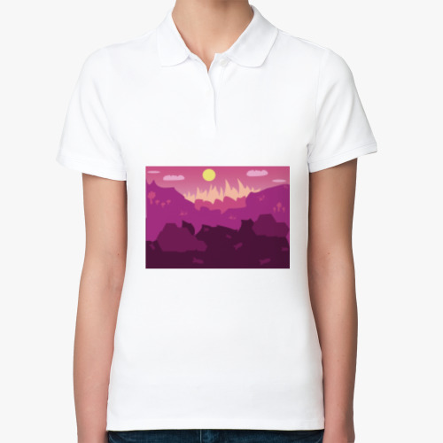 Женская рубашка поло (печать) с принтом Горный пейзаж