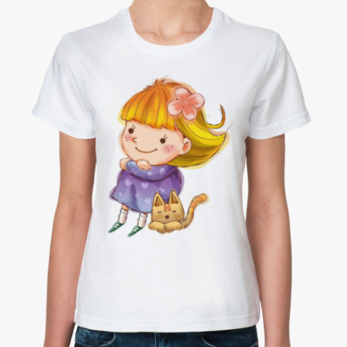 Классическая футболка Девочка и котенок