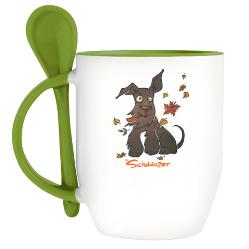 Кружка с ложкой с принтом Осенний шнауцер