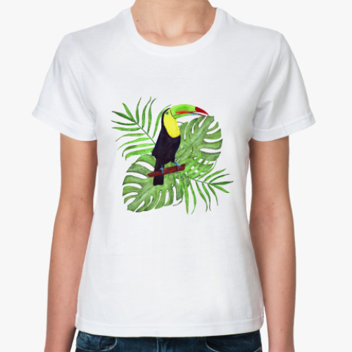 Классическая футболка тропический букет с туканом
