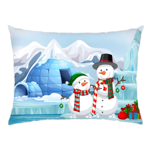 Подушка с принтом Санта и снеговики