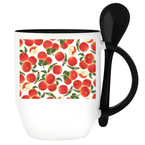 Кружка с ложкой с принтом яблочки